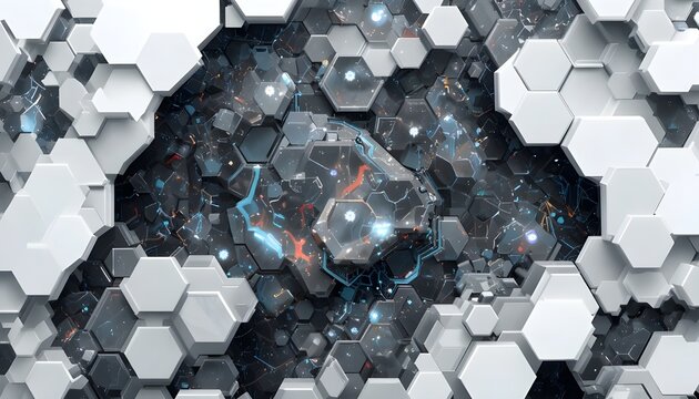 Futuristic abstract background with white and grey geometric hexagon digital design - Powered by Adobe