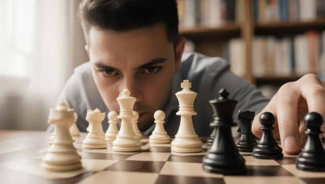 Focused Young Man Playing Chess, Strategizing His Next Move in a Competitive Game.