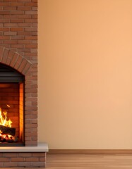 A rustic fireplace with golden flames brings warmth and comfort into a peaceful home interior accented by a plain inviting softly lit wall