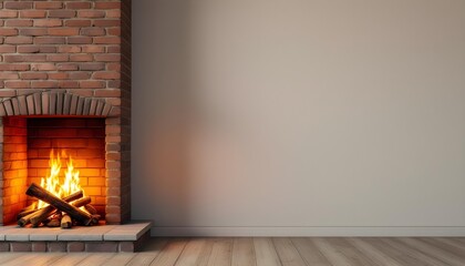 A glowing fireplace fills the room with warmth and comfort while a calm softly lit interior wall enhances the inviting home atmosphere