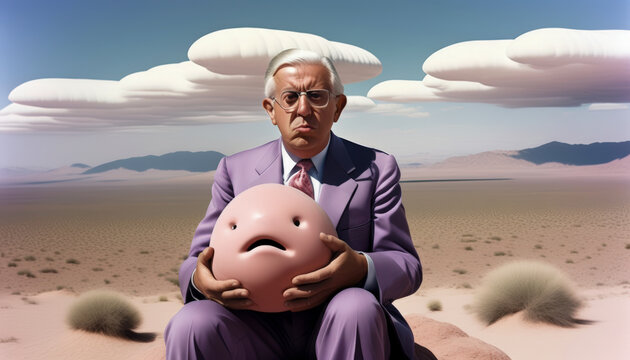 Puzzled Man Holds Sad Pink Blob in Surreal Desert - Powered by Adobe