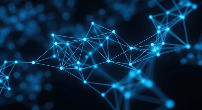 Abstract blue plexus background with glowing lines and dots, creating a futuristic and interconnected network visualization