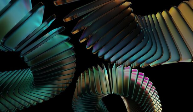 teal and orange caustic effect, abstract crystal pattern, 3D illustration showing black 3D background, neon light holographic gradient, and glass chromatic cube block shapes render.