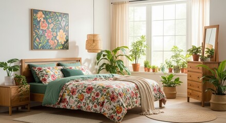 Bright and airy bedroom with a cozy bed, plants, and natural light creating a serene and inviting atmosphere for relaxation