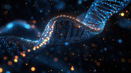 Digital Dna Double Helix Structure with Glowing Blue and Orange Lights