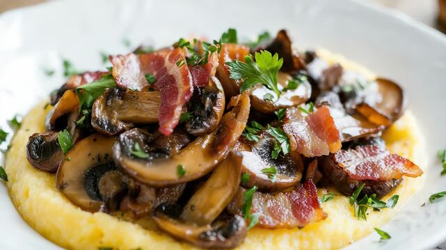 Delicious polenta and mushroom dish with crispy bacon garnish and fresh herbs