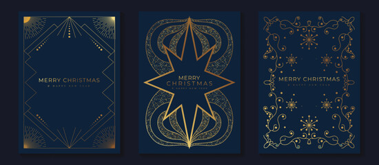 Fototapeta premium Christmas ornament vector illustration with dark blue and gold art deco elements — luxury festive design for greeting cards and elegant holiday prints