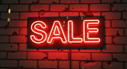 Bright red neon SALE sign glowing against rustic brick wall for retail promotions and shopping deals, perfect for capturing attention and driving sales