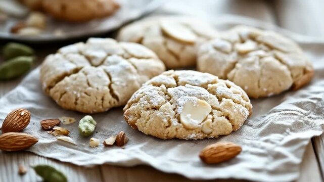 Delicious almond cookies on rustic cloth with cardamom and pistachios
