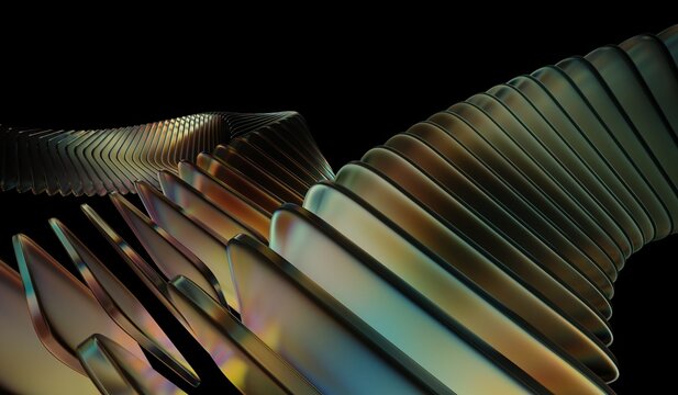 Neon light holographic gradient, teal and orange  caustic effect, abstract crystal pattern, glass chromatic cube block shapes render, 3D illustration showing black 3D background.