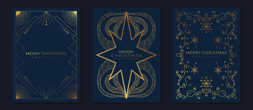 Christmas ornament vector illustration with dark blue and gold art deco elements — luxury festive design for greeting cards and elegant holiday prints