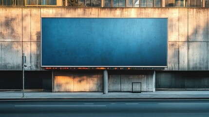 Empty Blue Billboard on Urban Concrete Wall in Morning Light