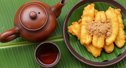 "Golden Pisang Goreng with Brown Sugar and Steaming Teh Poci: A Traditional Indonesian Snack"