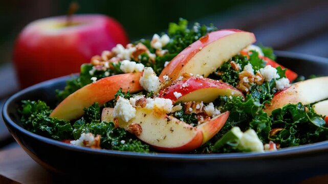 Vibrant kale salad with apples, carrots, and walnuts on rustic wood