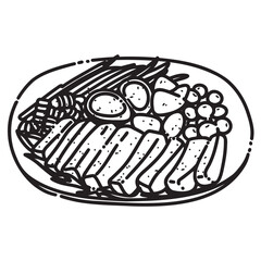 Black and white cartoon line art vector illustration of a steak bowl with sliced steak, asparagus, potatoes, blueberries and soft-boiled egg. Clean outline style, isolated and editable.