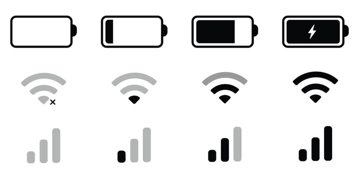 set wifi icon isolated on white background for phone. Phone bar status Icons, battery Icon, wifi signal strength