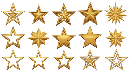 Obraz premium Diverse golden star illustrations, a collection symbolizing achievement, excellence, and celebration in graphic design