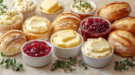 Assortment of Fresh Bread, Butter, and Berry Jam for a Delightful Breakfast Spread