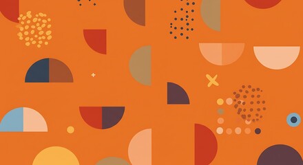 Geometric abstract pattern in shades of orange with varied shapes like semi-circles and dots