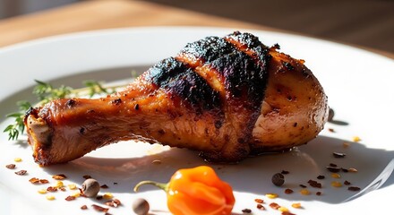 Delicious and juicy grilled chicken drumstick with aromatic herbs and spices offering a tasty culinary experience for meat lovers