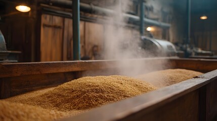 Steaming grain in a wooden trough at an industrial processing plant
