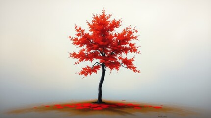 Crimson Solitude: A solitary tree, adorned with vibrant crimson leaves, stands gracefully, creating a striking contrast against the soft, muted backdrop, evoking a sense of tranquility.