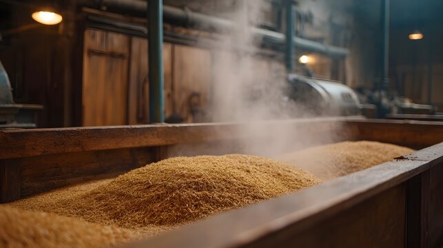 Steaming grain in a wooden trough at an industrial processing plant