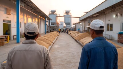 Fototapeta premium Two men in hats observe large sacks of grain outside an industrial processing facility at sunset