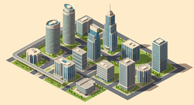 Isometric Cityscape with Modern Skyscrapers and Green Spaces.