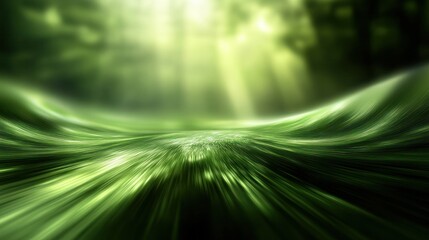 Ethereal Green Landscape with Luminous Streaks and Sunlight