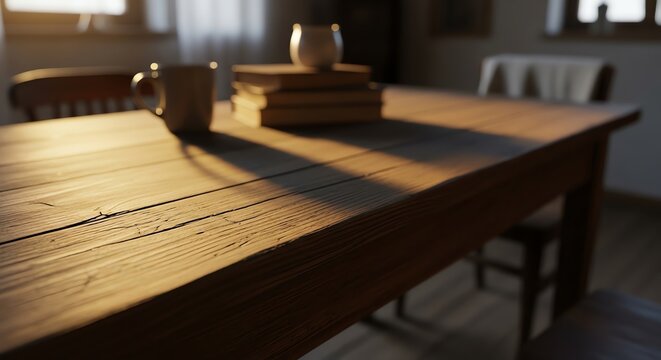 Wooden table with books and mug
