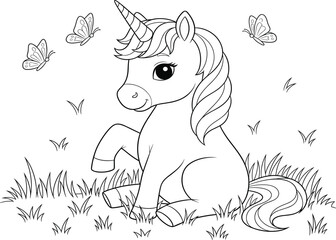 Cute unicorn sitting in grass with butterflies, magical fantasy animal, children's coloring page, isolated black outline vector