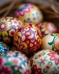 Easter's Adorned Treasures: Intricately decorated Easter eggs, each a unique work of art, nestled together against a soft, blurred background, heralding the joy and renewal of the spring season.