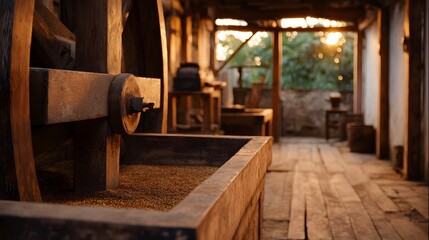 Rustic wooden mill interior with grain and hinery bathed in warm sunset light evoking a historical feel
