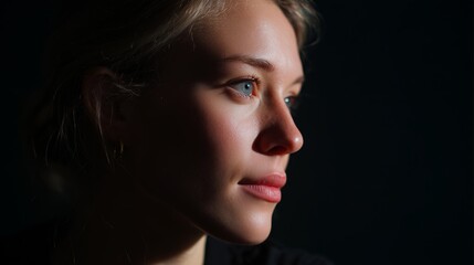 Young woman with bright eyes poses in soft light against a dark background at evening time