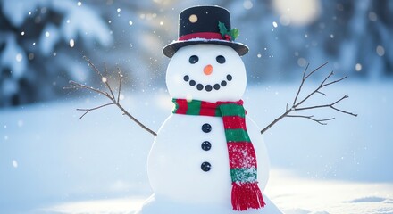 Fototapeta premium Snowman in winter landscape with falling snow