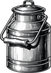 Vintage metal milk can container, dairy farm fresh milk production, retro food engraving, isolated black and white vector illustration