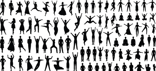 Human silhouette poses, gesture vector grid, black people icons, expressive body movement, posture illustration set, dynamic stance design