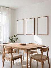 Fototapeta premium Frame mockup in minimalist dining room with wooden table and natural light