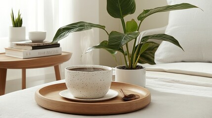 Steaming Coffee Cup on a Wooden Tray with a Lush Green Plant in a Bright, Cozy Bedroom
