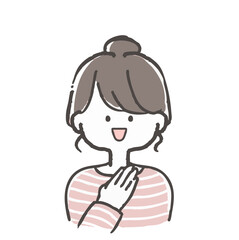 手を胸に添える笑顔のお団子ヘアーの女性