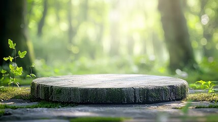 A round, moss-covered wooden stump serves as a natural podium in a serene forest setting, bathed in soft sunlight.