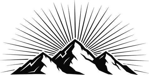 Mountain peaks silhouette with radiating sunburst lines, adventure emblem, outdoor exploration, isolated black and white vector design