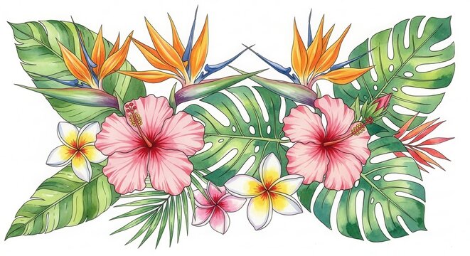 Watercolor illustration showcasing the lush beauty of tropical flora and exotic flowers arrangement