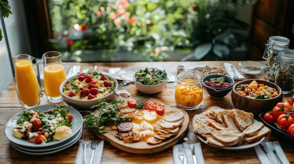 Abundant Healthy Breakfast on a Rustic Wooden Table by a Bright Window