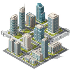 Isometric Cityscape with Modern Skyscrapers and Urban Infrastructure.