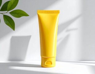 Yellow cosmetic tube bottle mockup on an isolated background, showcasing sleek minimalist design ideal for skincare, grooming, and premium product branding presentations