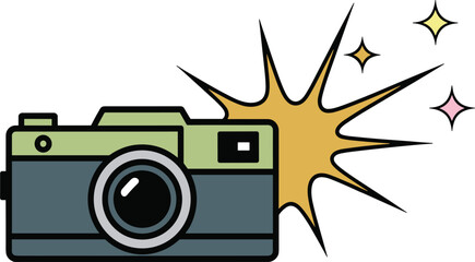 Retro style camera with bright flash burst, photography, capturing memories, media content creation, isolated vector illustration