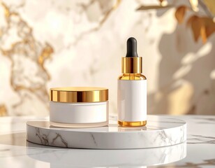 White&ndash;gold cosmetic mockup featuring a cream pot and serum bottle, showcasing elegant minimalist design and luxurious branding suitable for skincare product presentations