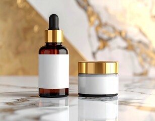 White&ndash;gold cosmetic mockup featuring a cream pot and serum bottle, showcasing elegant minimalist design and luxurious branding suitable for skincare product presentations